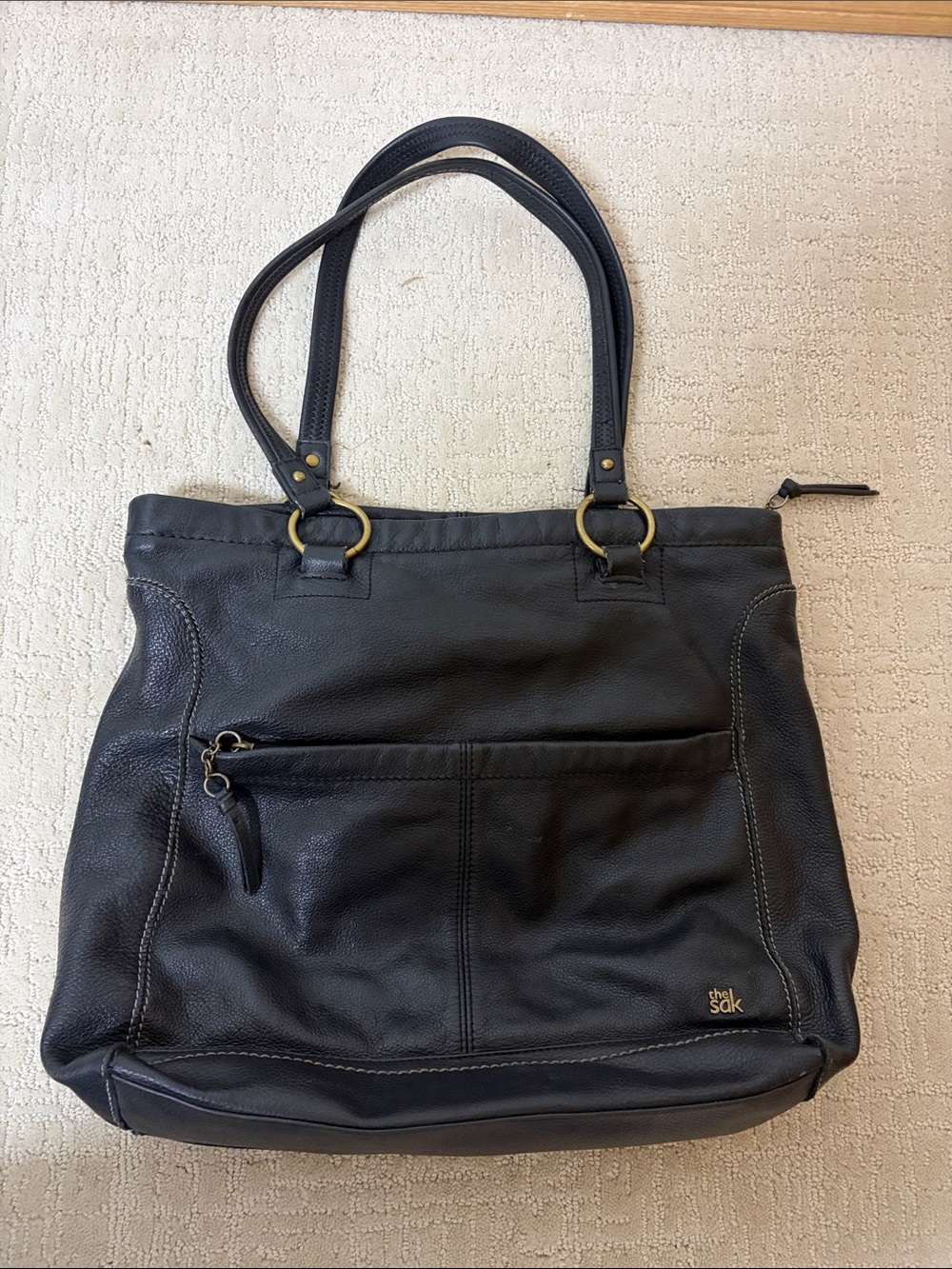The Sak Black Leather Zip-Top Tote with Front Pocket